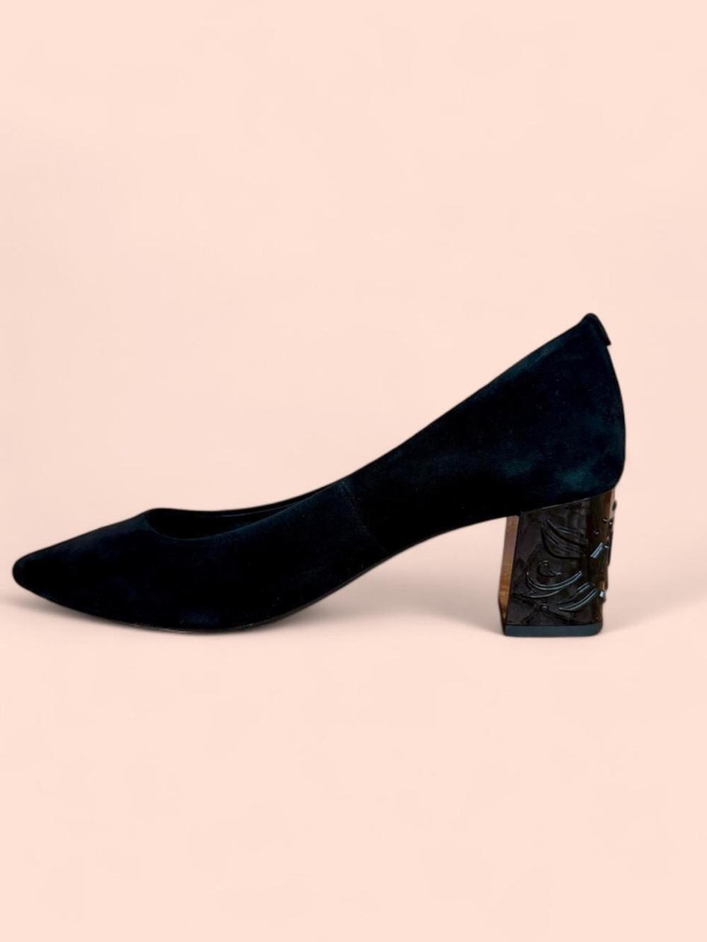 Taryn Rose Black Suede Block Heel Pumps with Rose engraved enamel Heel 9